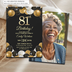 Convite Foto de 81º Aniversário com Brilho Preto e Dourado