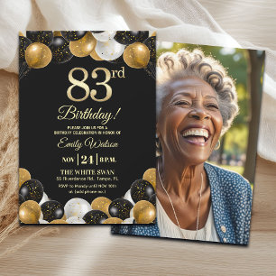 Convite Foto de 83º Aniversário com Brilho Preto e Dourado