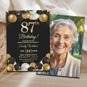 Convite Foto de 87º Aniversário com Brilho Preto e Dourado