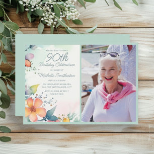 Convite Foto de 90º Aniversário Floral Pastel Rosa Amarelo