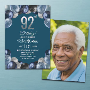 Convite Foto de 92º Aniversário Azul Elegante com Brilho P