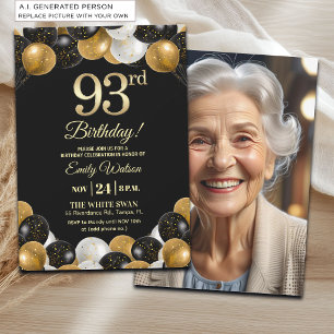 Convite Foto de 93º Aniversário com Brilho Preto e Dourado