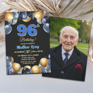 Convite Foto de 96º Aniversário Azul Prata Dourado Elegant