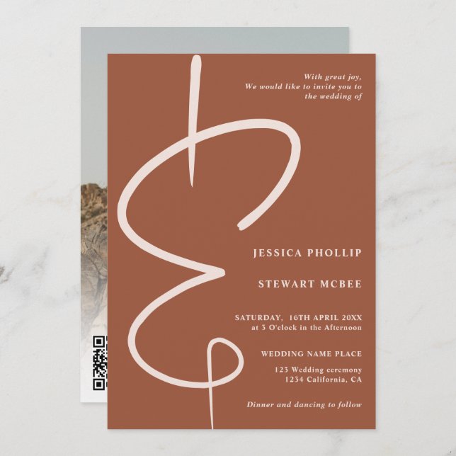 Convite Foto de Ampersand, roteiro de terracotta Qr code c (Frente/Verso)