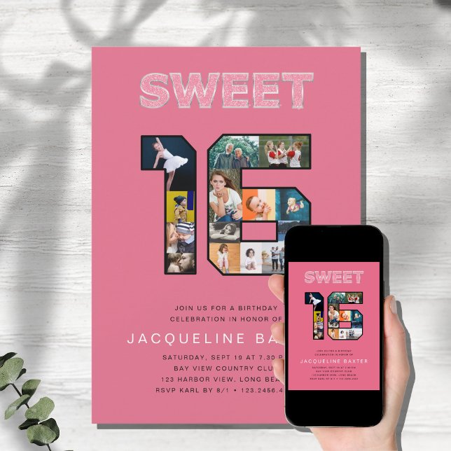 Convite Foto De Aniversário 16 Com Brilho Rosa (Criador carregado)