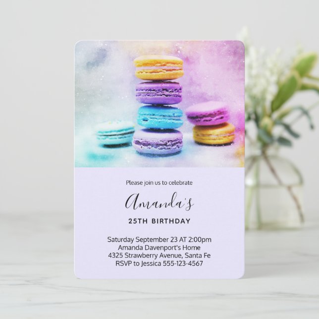 Convite Foto de Aniversário Colorido de Macarons (Em pé/Frente)