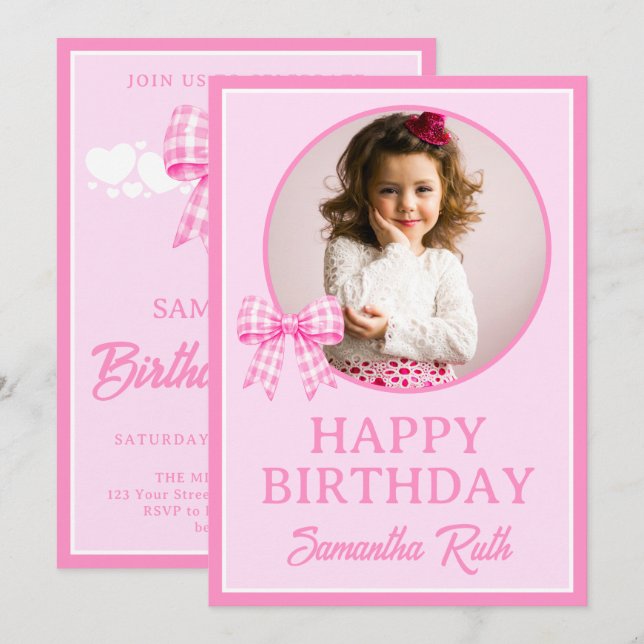 Convite Foto de Aniversário com Laço de Gingham Rosa (Frente/Verso)