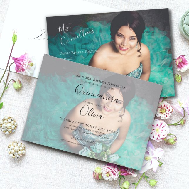 Convite Foto de Aniversário da 15 de Quinceanera Elegante  (Front & Back - Modern Elegant Mis Quince Anos | Quinceanera 15th Birthday Landscape Photo Invitation)