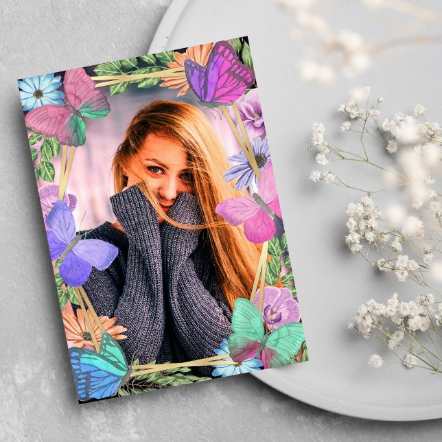 Convite Foto de Aniversário da Borboleta Floral Púrpura bo (Pretty Pink Purple Floral Butterfly Birthday Photo Invitation )