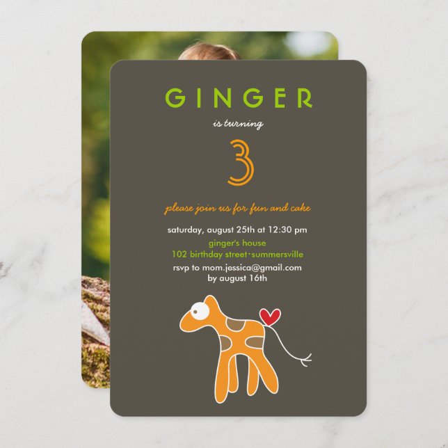 Convite Foto de Aniversário da Criança Laranja Girafa (Frente/Verso)