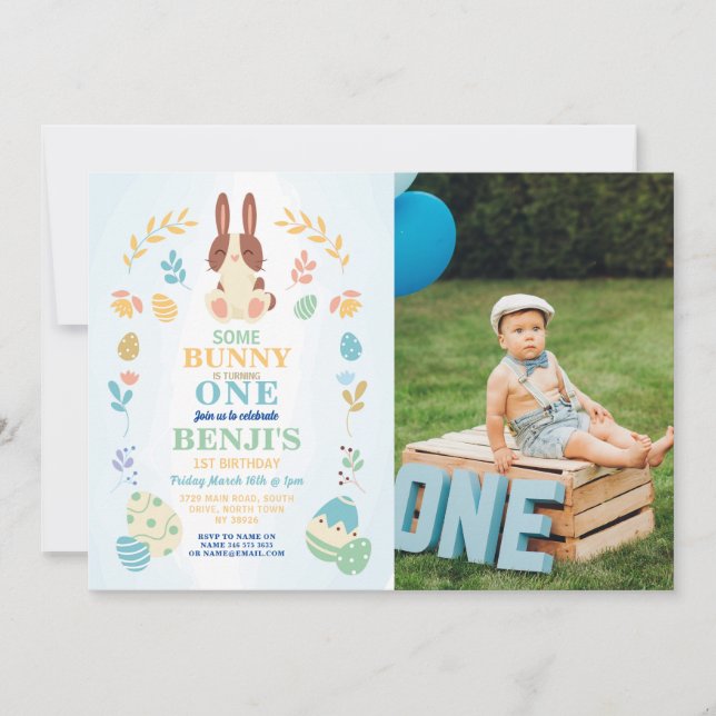 Convite Foto de Aniversário da Festa de Páscoa 1rua Bunny (Frente)