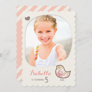 Convite Foto de Aniversário da Garota de Pássaros Rosa-Ros