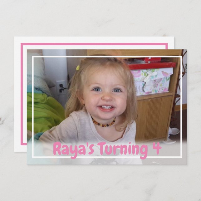 Convite Foto de aniversário da moça rosa personalizada (Frente/Verso)