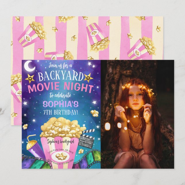Convite Foto de Aniversário da Noite de Filme no Quintal (Frente/Verso)
