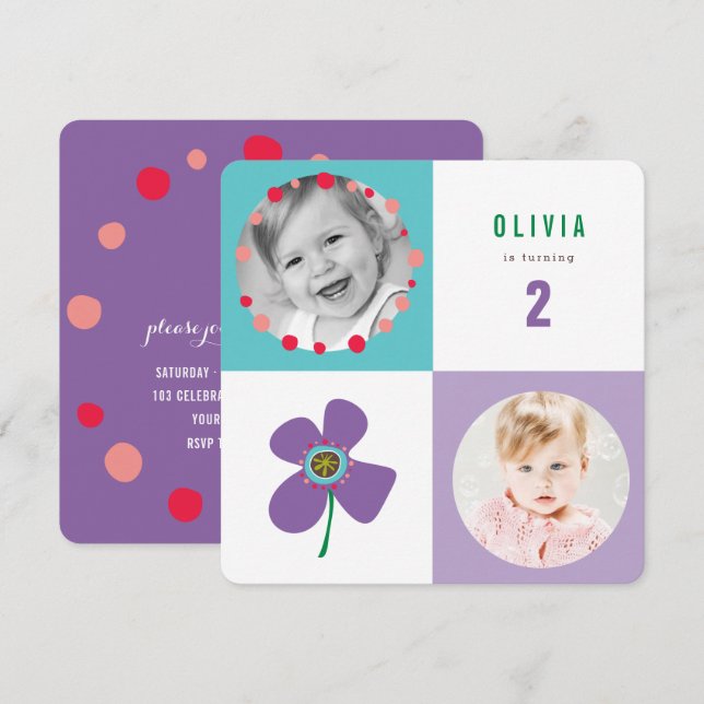 Convite Foto de Aniversário da Pop Praça Roxa (Frente/Verso)