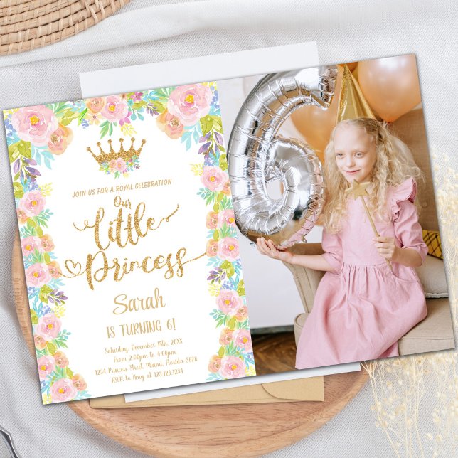 Convite Foto de Aniversário da Princesa Floral da Glitter  (Glitter Crown Floral Princess Birthday Photo Invitation)