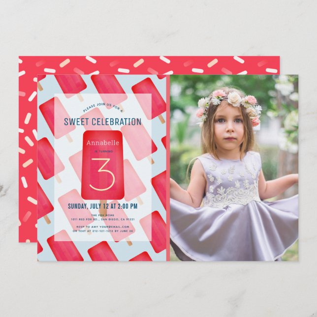 Convite Foto de Aniversário da Rapariga de Morango Vermelh (Frente/Verso)