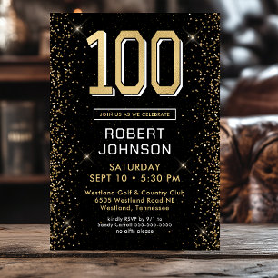 Convite Foto de Aniversário de 100 anos em Preto e Dourado