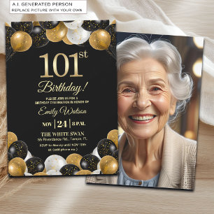 Convite Foto de Aniversário de 101 anos com Brilho Preto e
