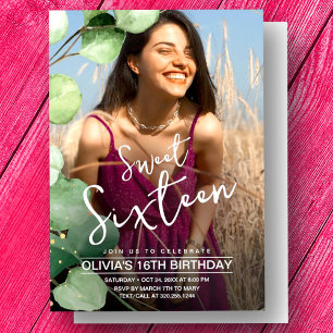 Convite Foto de aniversário de 16 anos, verde-rosa na moda