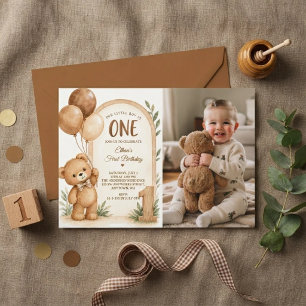 Convite Foto de aniversário de 1 ano de Urso Marrom Neutro