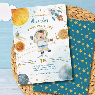 Convite Foto de Aniversário de 1 Ano do Menino Astronauta