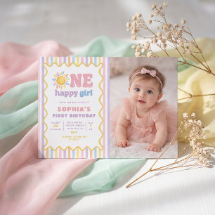 Convite Foto de Aniversário de 1 ano One Happy Girl Sunshi