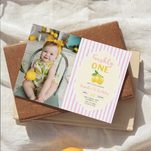 Convite Foto de Aniversário de 1 Ano Rosa Amarelo Limão Fr