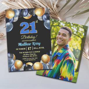 Convite Foto de Aniversário de 21 anos Azul Prata Dourado