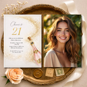 Convite Foto de Aniversário de 21 anos com Champanhe Rosa