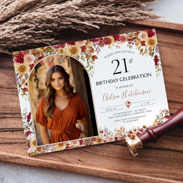 Convite Foto de aniversário de 21 anos Floral Modern Boho (Modern Boho Floral 21st Birthday Photo Invitation)