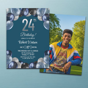 Convite Foto de Aniversário de 24 anos com Brilho Azul Ele