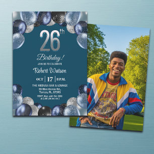 Convite Foto de Aniversário de 26 anos com Brilho Azul Ele
