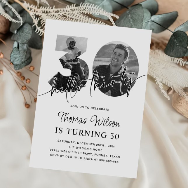 Convite Foto de aniversário de 30 anos simples moderno (Criador carregado)