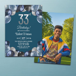 Convite Foto de Aniversário de 33 anos com Brilho Azul Ele