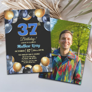 Convite Foto de Aniversário de 37 anos Azul Prata Dourado 