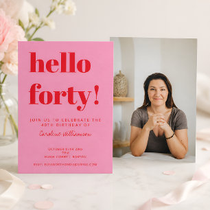 Convite Foto de Aniversário de 40 anos Rosa Vermelho Moder