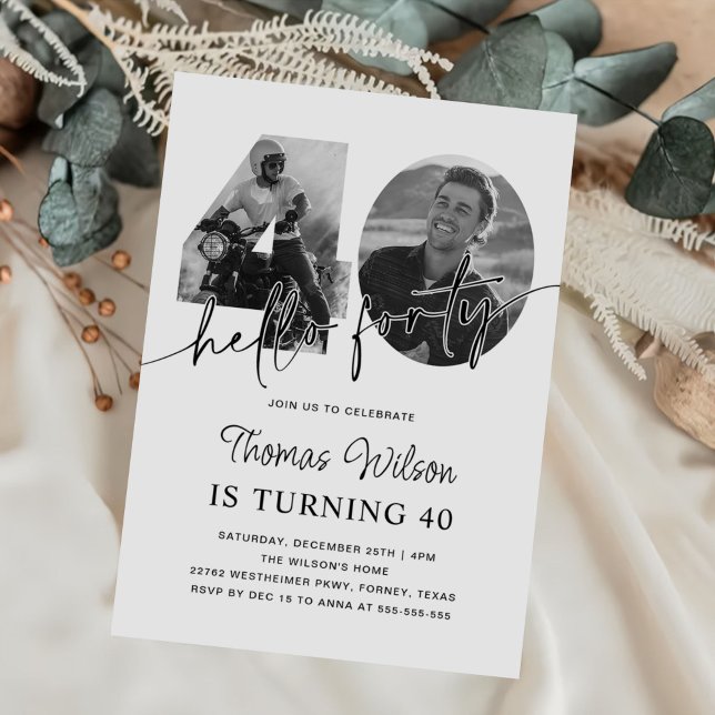 Convite Foto de aniversário de 40 anos simples moderno (Criador carregado)