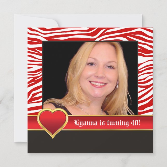 Convite Foto de aniversário de 40 anos vermelho, zebra bra (Frente)