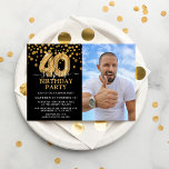 Convite Foto de aniversário de 40 dias de surpresa Dourada<br><div class="desc">Convite de aniversário moderno de preto e ouro para alguém que está fazendo 40 anos! Apresentando um fundo preto,  uma fotografia do aniversariante homem/mulher,  falso confete de ouro,  balões de aniversário de 40 anos de ouro e um elegante modelo de aniversário que é fácil de personalizar.</div>