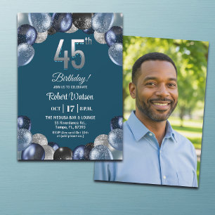 Convite Foto de Aniversário de 45 anos Azul Elegante com B