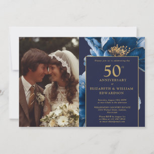Convite Foto de aniversário de 50 anos elegante em azul na