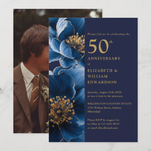 Convite Foto de Aniversário de 50 anos em Azul Moderno e D