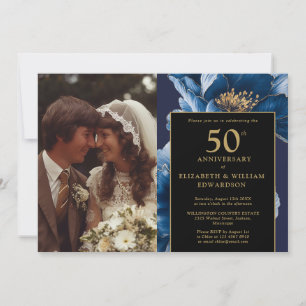 Convite Foto de aniversário de 50 anos em floral azul pret