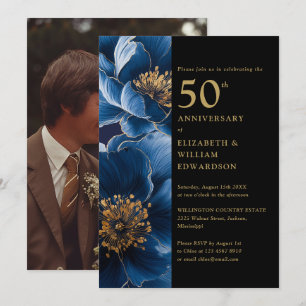 Convite Foto de aniversário de 50 anos floral azul preto e