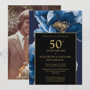 Convite Foto de aniversário de 50 anos Floral Azul Preto e
