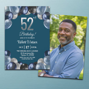 Convite Foto de Aniversário de 52 anos com Brilho Azul Ele