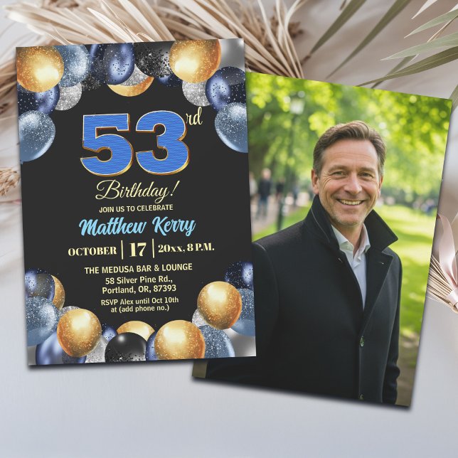Convite Foto de Aniversário de 53 anos Azul Prata Dourado  (Criador carregado)