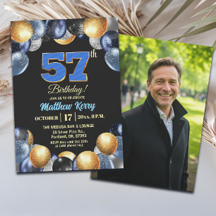 Convite Foto de Aniversário de 57 anos Azul Prata Dourado