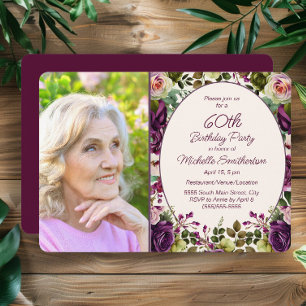 Convite Foto de Aniversário de 60 anos com Floral Botânica